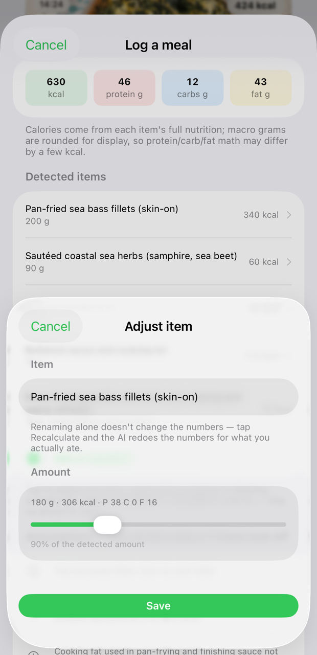Meal totals of 630 kcal with the note that macro grams are rounded, detected items including sea bass fillets at 200 g and 340 kcal, and the Adjust item sheet slid to 90% of the detected amount — 180 g, 306 kcal — with a Save button