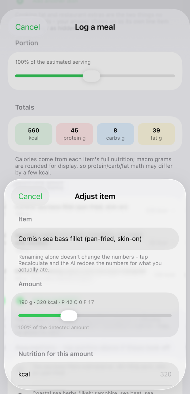 Meal totals of 560 kcal, 45 g protein, 8 g carbs, 39 g fat, and the Adjust item sheet for the sea bass fillet: 190 g, 320 kcal, P 42 C 0 F 17 on the amount slider, and the Nutrition for this amount fields where the label's own values can be typed