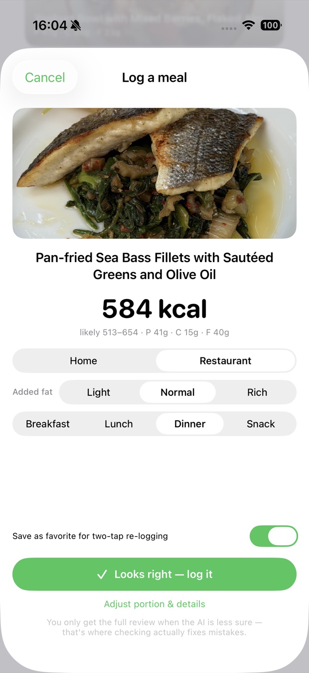 Quick confirm: 584 kcal, likely 513–654, save as favorite toggle, and the green Looks right — log it button