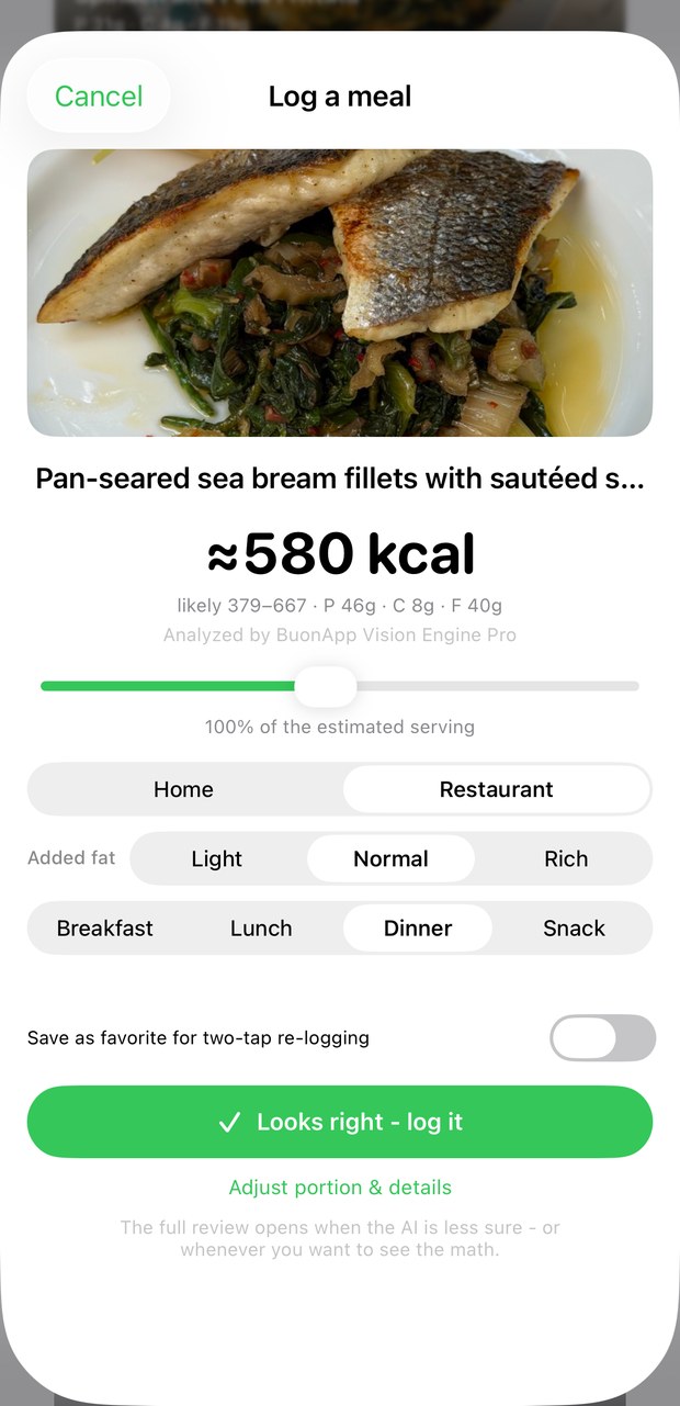 Quick confirm: ≈580 kcal, likely 379–667, Restaurant, Normal added fat and Dinner selected, the save-as-favorite toggle, and the green Looks right - log it button
