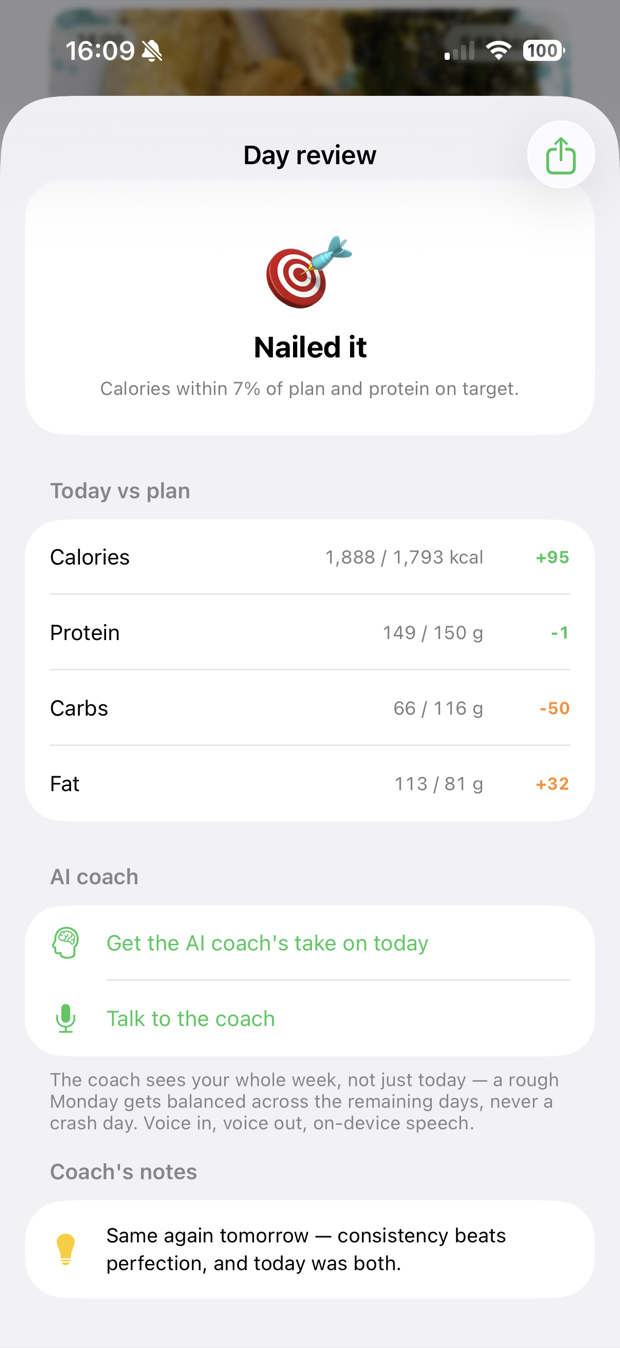 Day review: nailed it — calories within plan and protein on target, with coach options