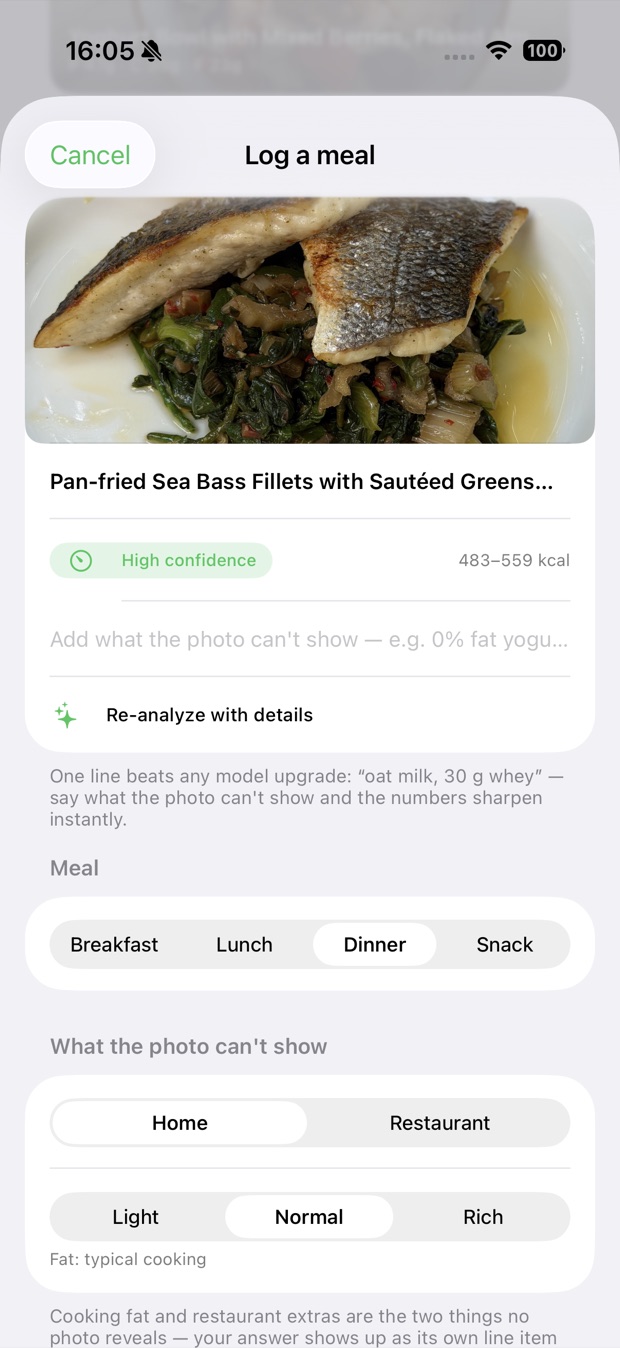 Full review screen: sea bass dinner with a High confidence badge, 483–559 kcal range and every assumption listed