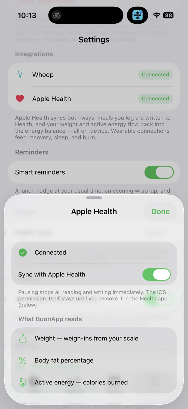 Apple Health panel: exactly what BuonApp reads and writes, with a sync toggle