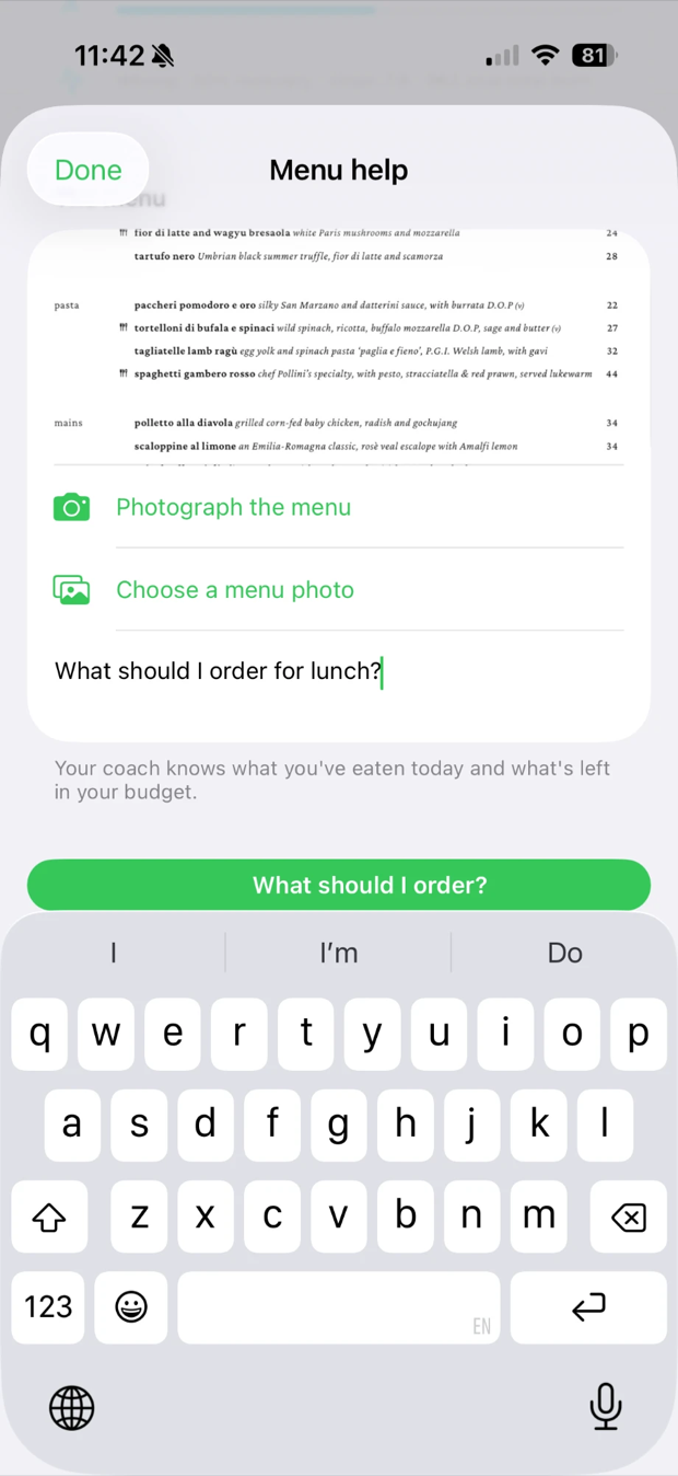 A photographed restaurant menu with the typed question: what should I order for lunch?